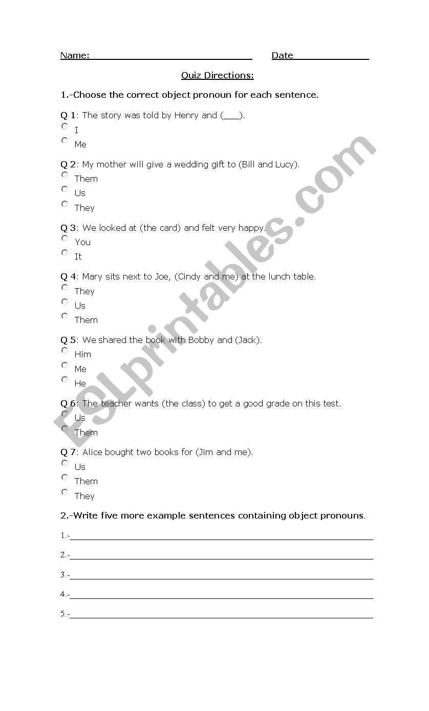 object pronouns quiz_ worksheet