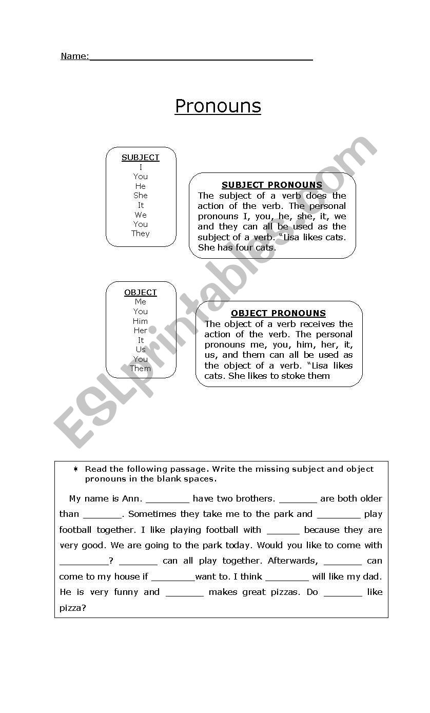 pronouns (subject-object) worksheet