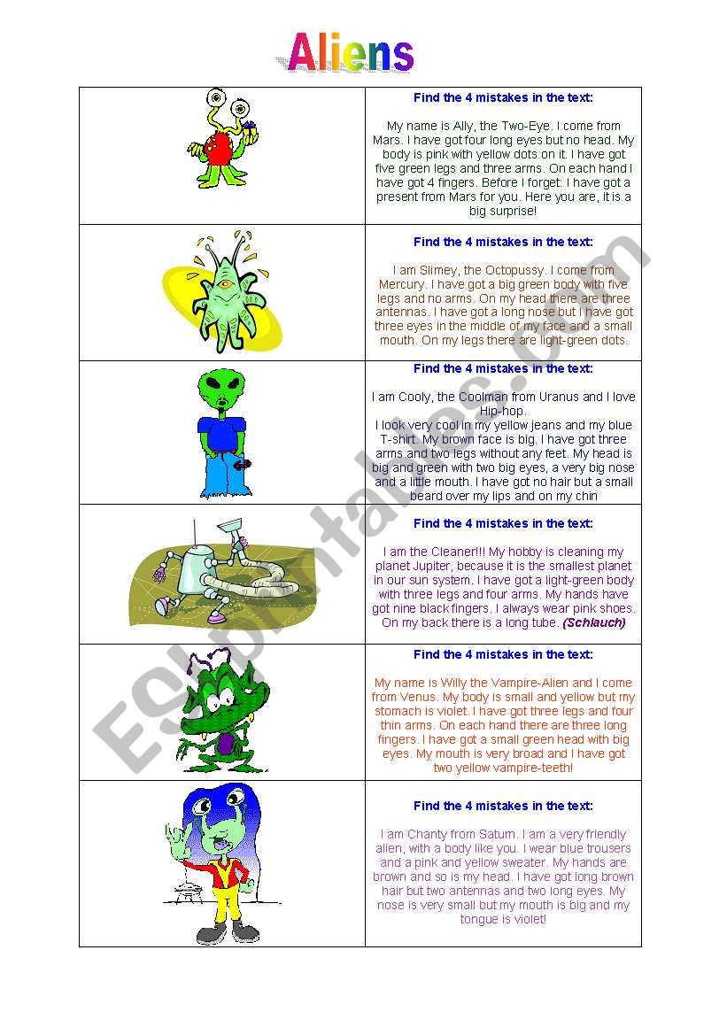 Aliens - Reading exercise worksheet