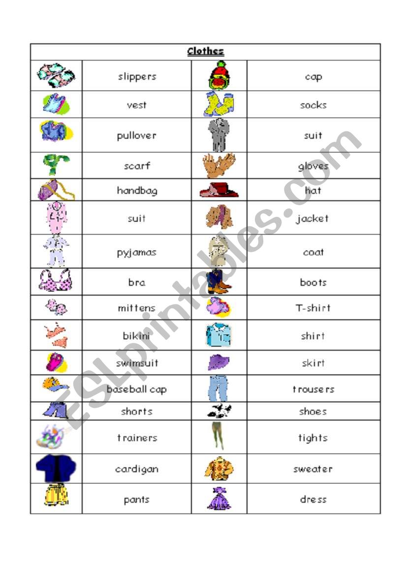 Clothes flashcards worksheet