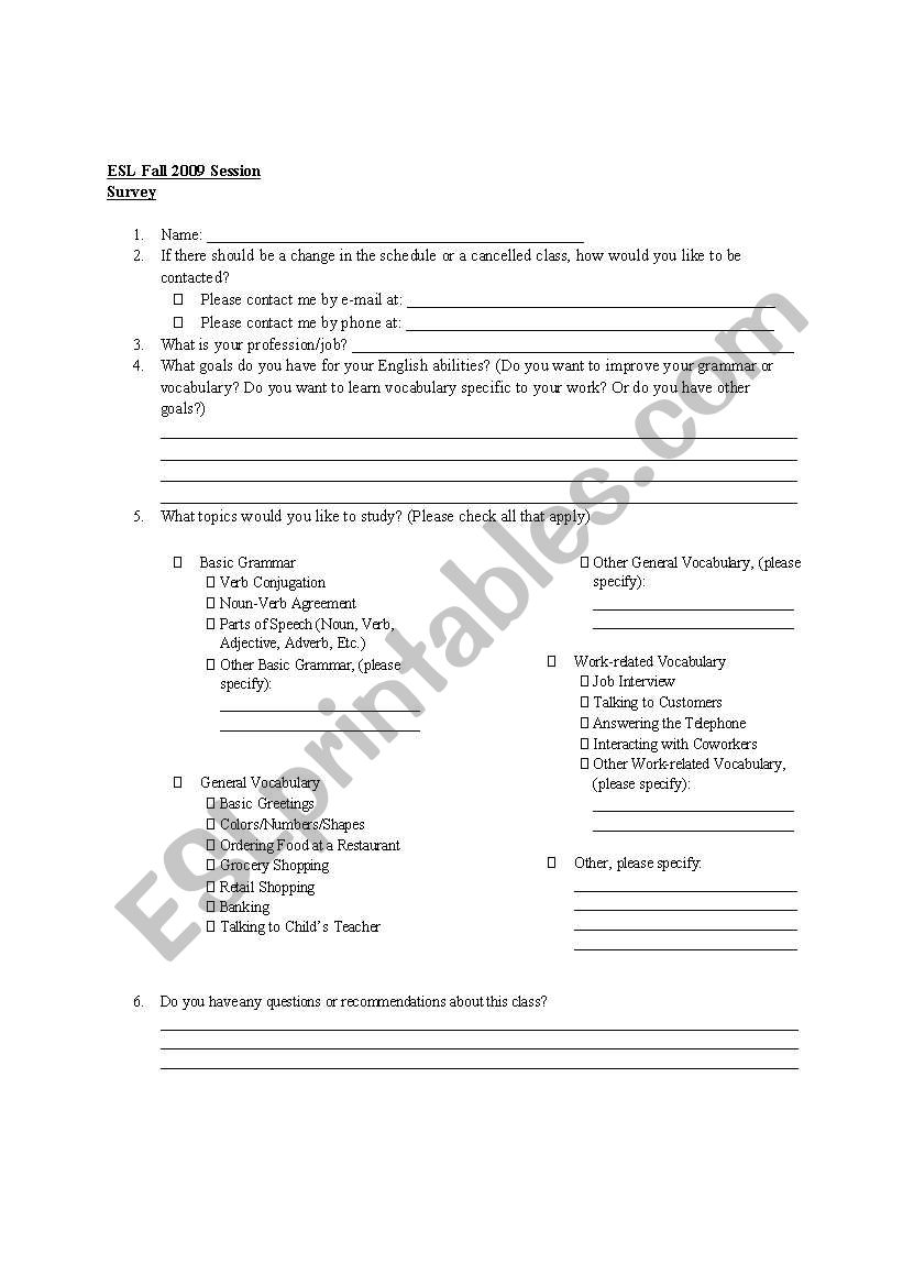 ESL Learner Survey - First Class Meeting