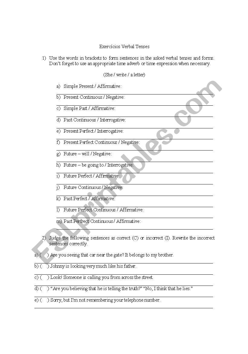 Verb tenses worksheet