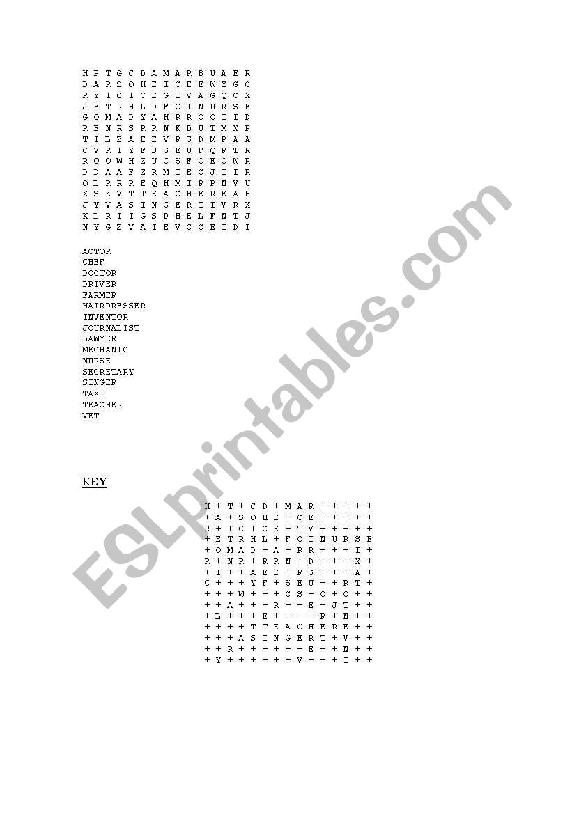 Word search: jobs worksheet