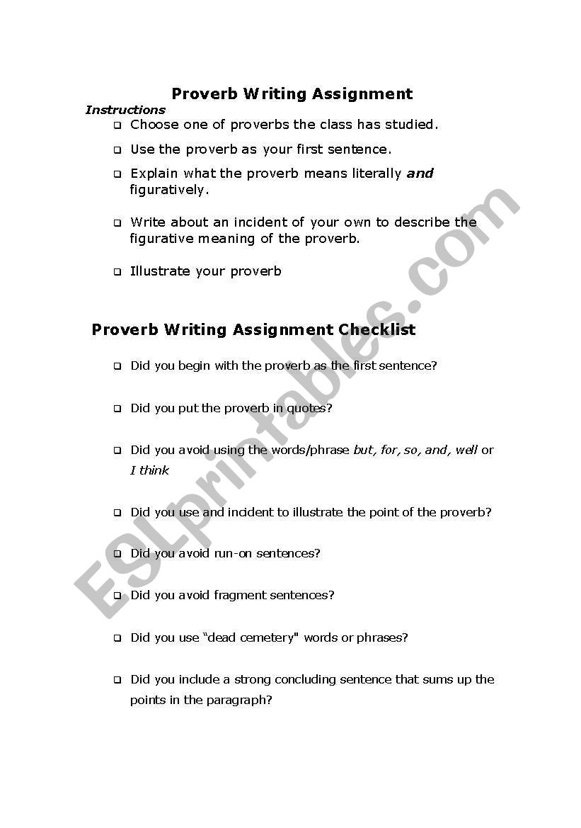 Proverb writing assignment worksheet