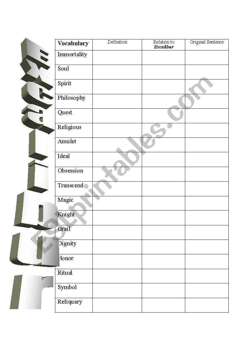 Vocabulary for Excalibur worksheet