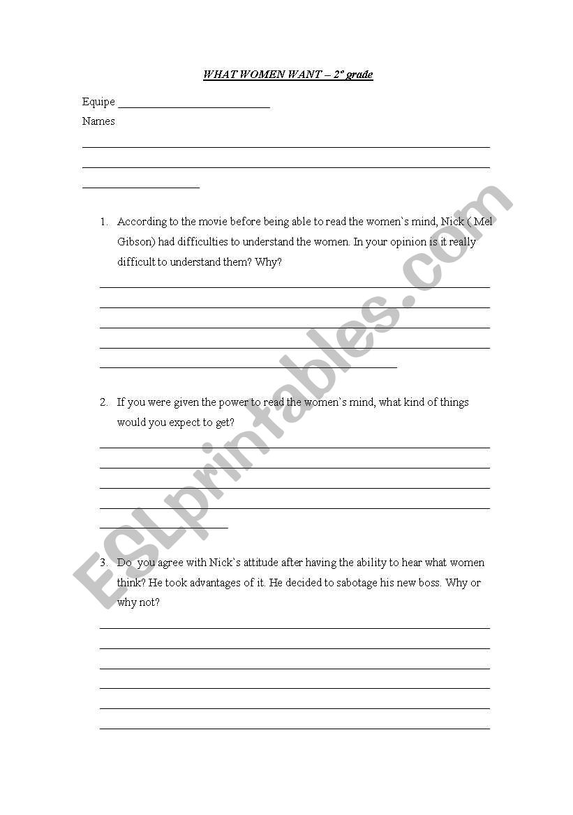 What women want worksheet