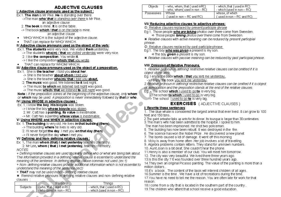 relative clause worksheet