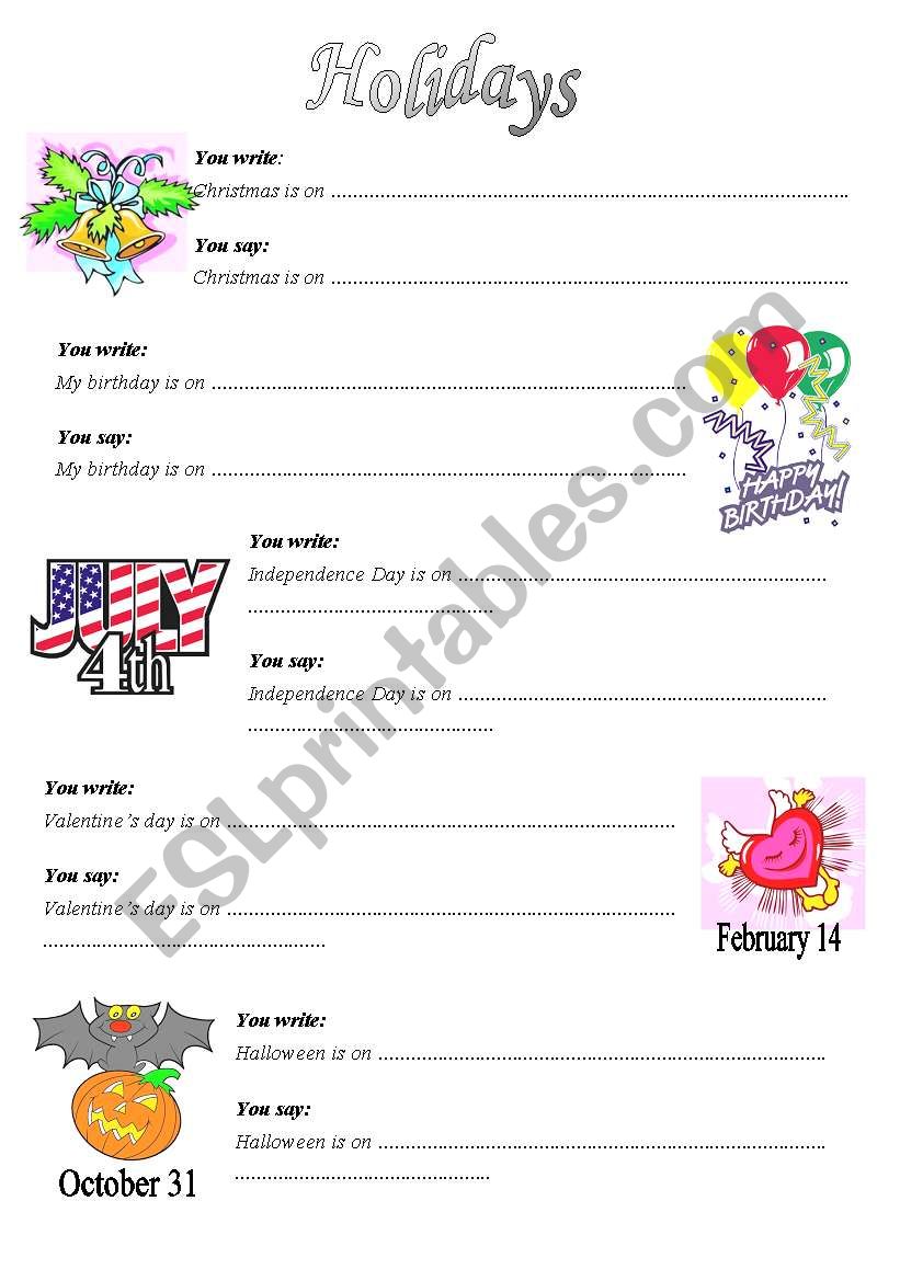 Holiday dates worksheet