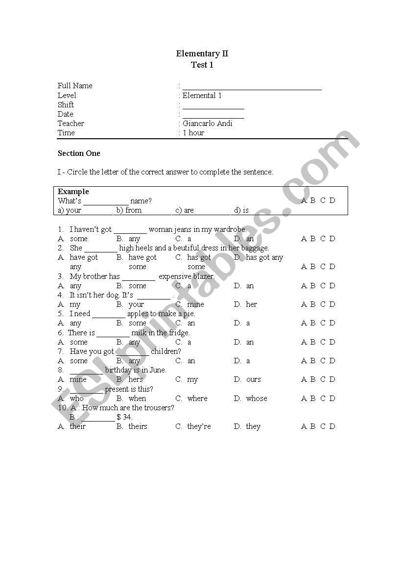 Basic Grammar and Vocabulary Test