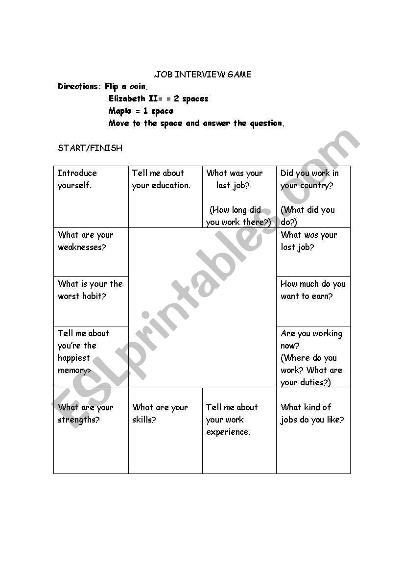 Job Interviews Game worksheet