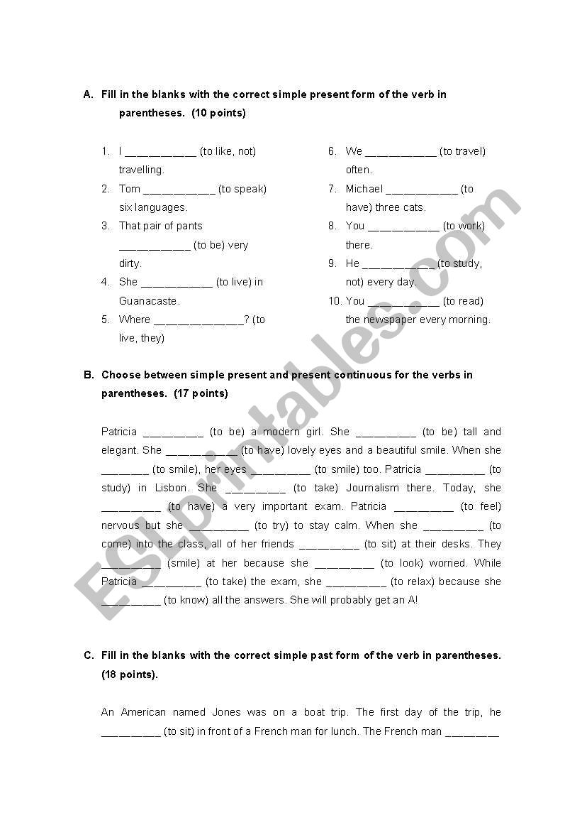 Quiz on verb tenses worksheet