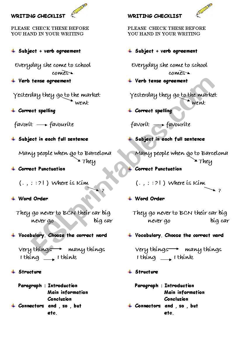 writing checklist worksheet