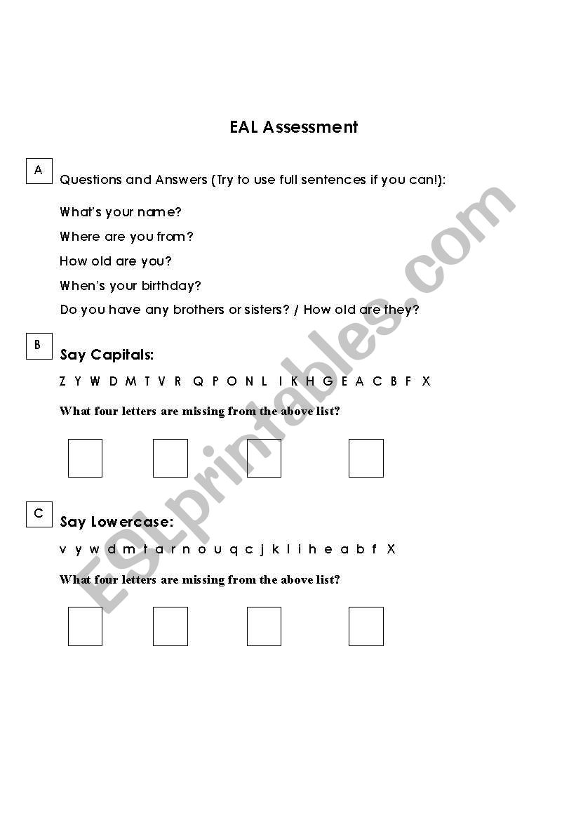 EAL Assessment Primary worksheet