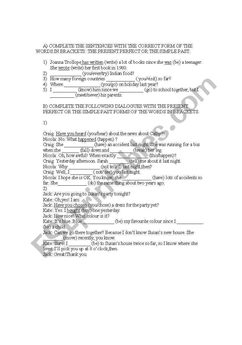 present perfect- simple past worksheet