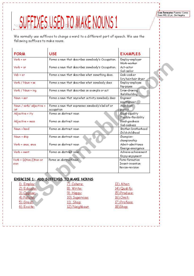 SUFFIXES USED TO MAKE NOUNS 1 worksheet
