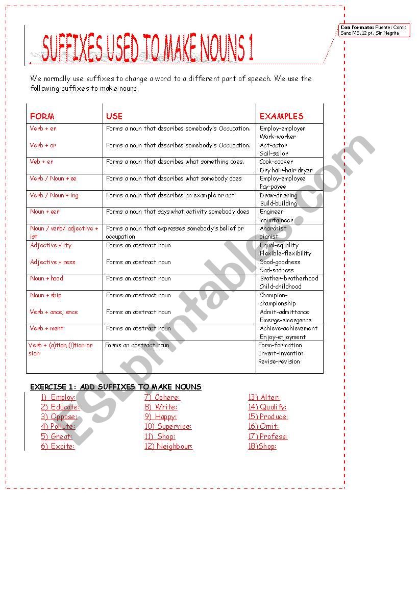 SUFFIXES USED TO MAKE NOUNS 1 worksheet