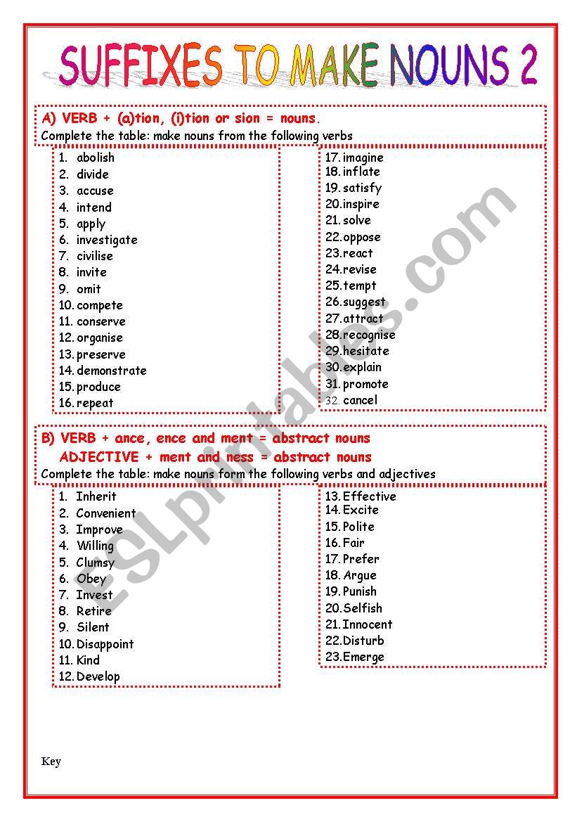 SUFFIXES TO MAKE NOUNS 2 WITH KEY