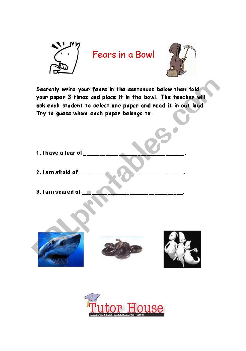 Fears in a Bowl worksheet