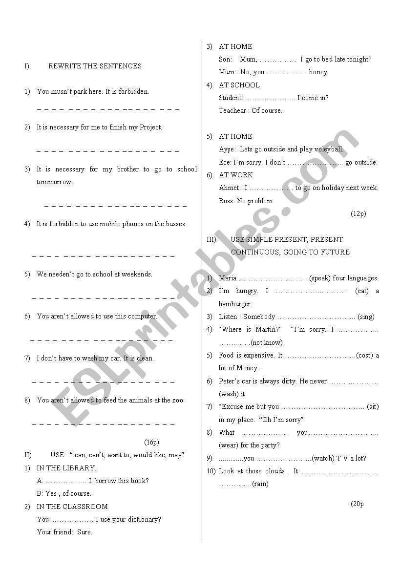 exam worksheet