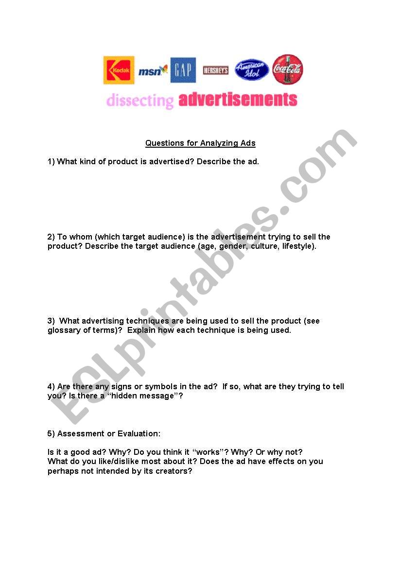 Analyzing ads worksheet