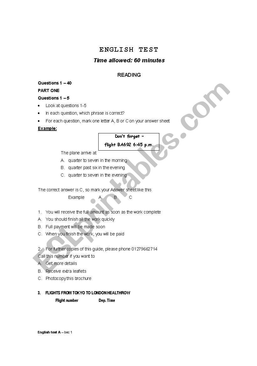 Test level A worksheet