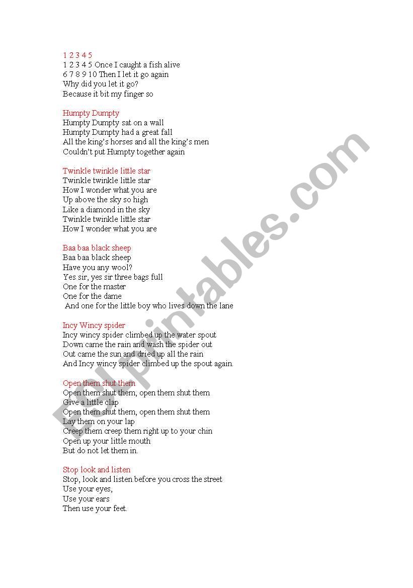 Songs worksheet