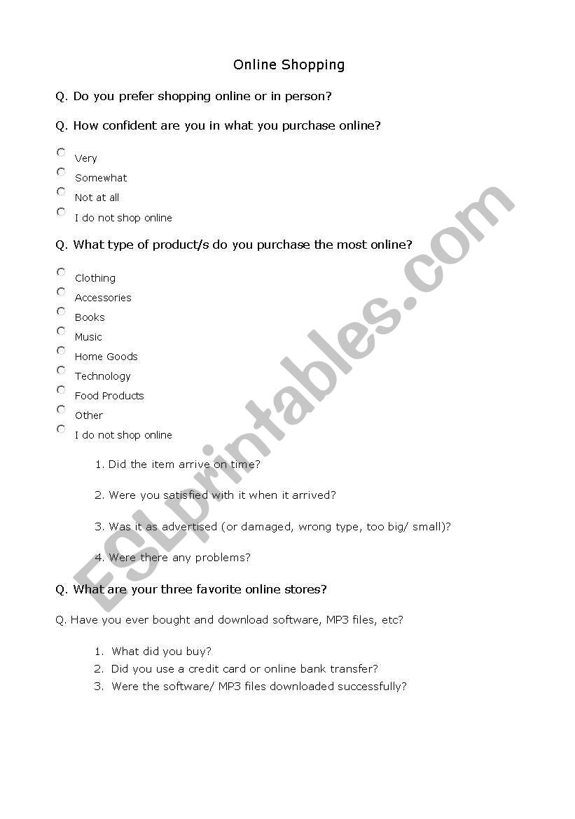 Online shopping worksheet