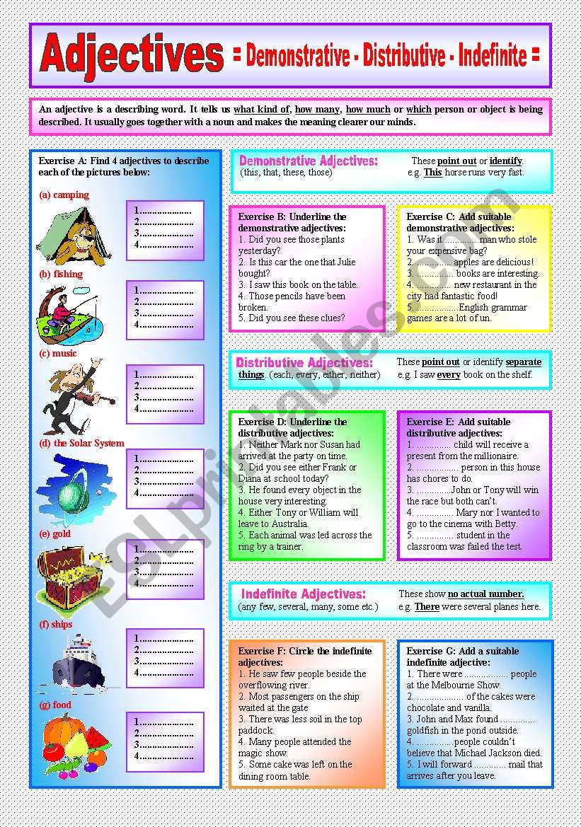 ADJECTIVES - Demonstrative, Distributive & Indefinite Adjectives - ((Elementary/Intermediate)) - Explanations & 7 Exercises with approx. 40 sentences to complete - (( B&W VERSION INCLUDED ))