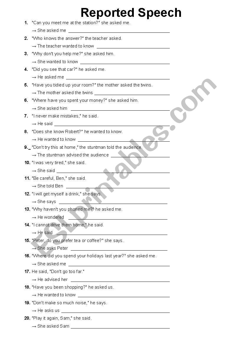 reported speech  worksheet