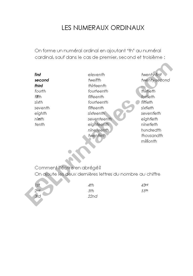 Les numraux cardinaux worksheet