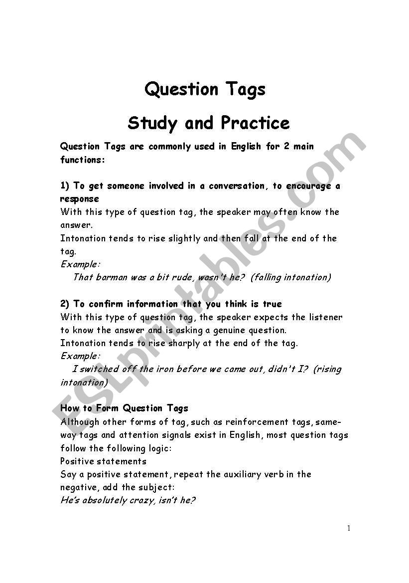 Question Tags Note worksheet