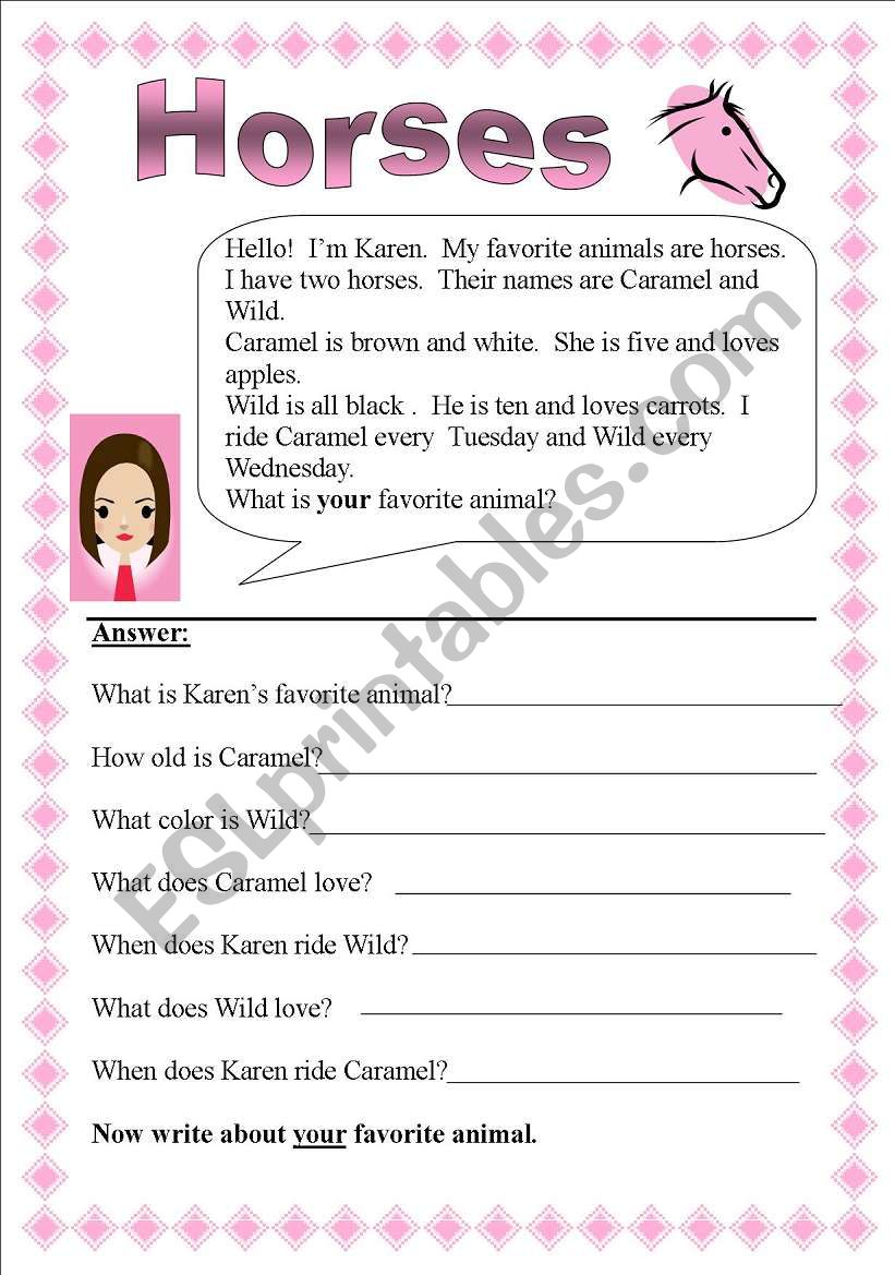Horses Reading comprehension ESL worksheet by Jeff&Jane