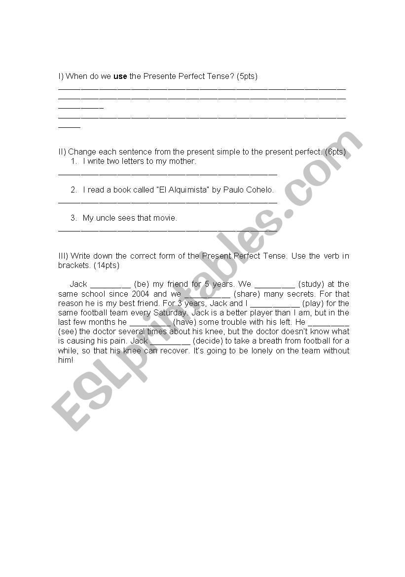 PRESENT PERFECT TENSE worksheet
