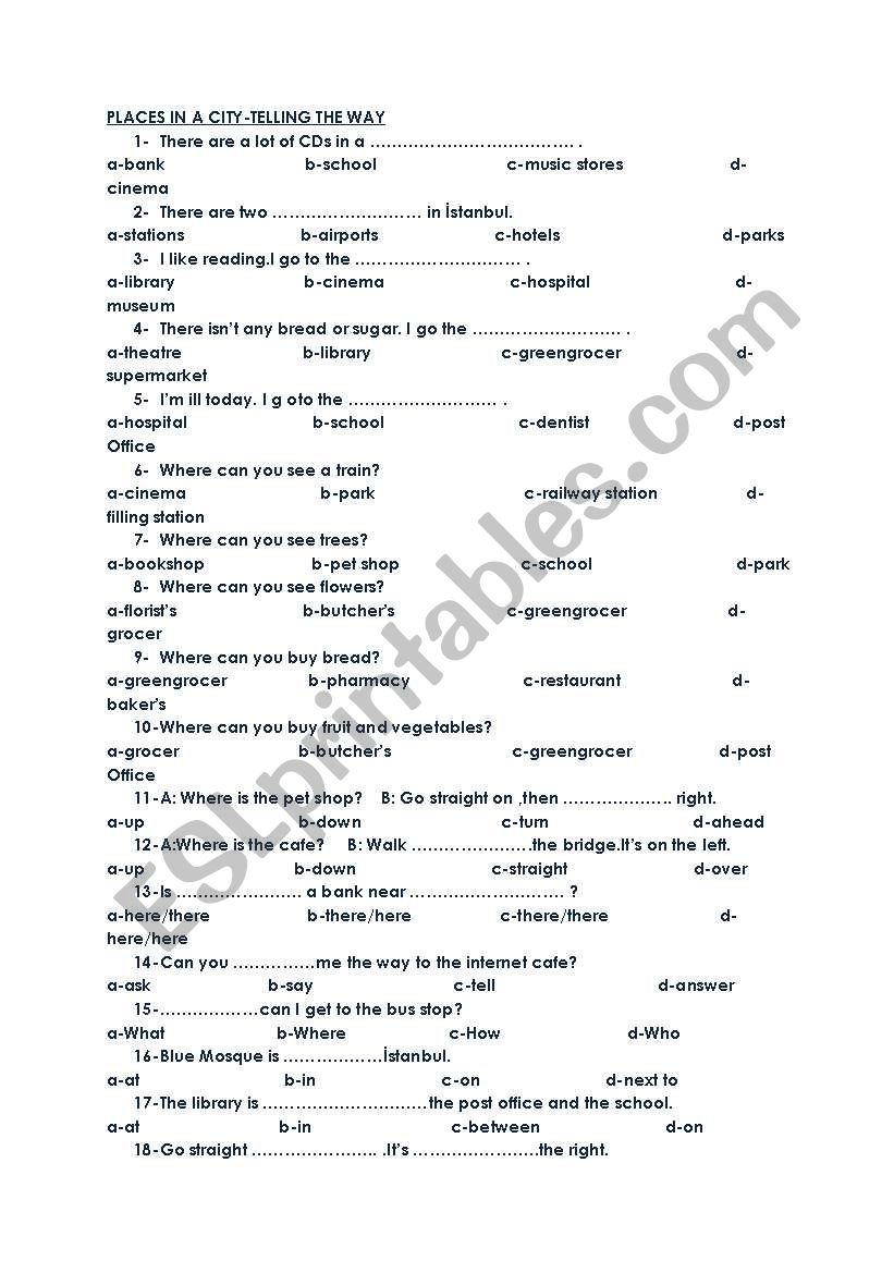 places in a city-directions worksheet