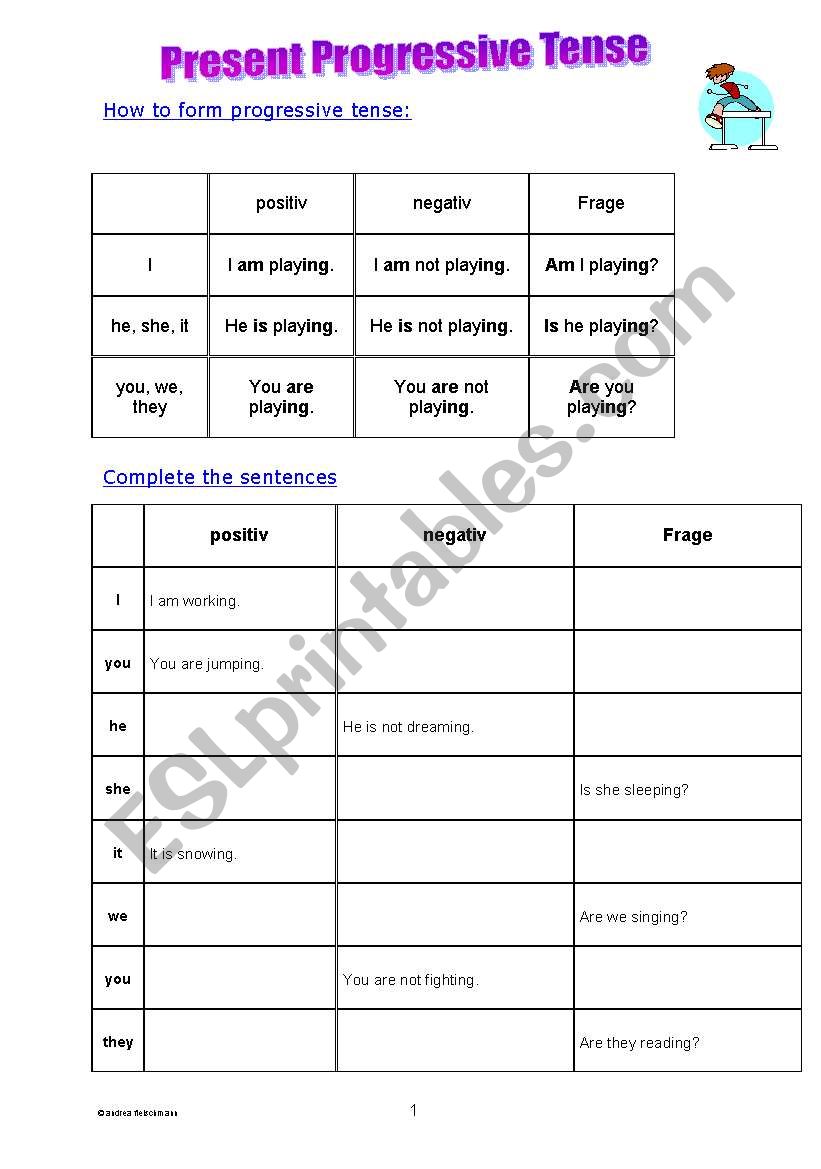 Present progressive tense - 3 pages, info and exercises