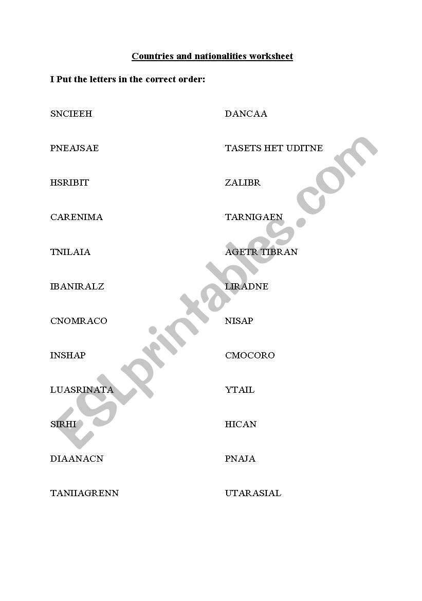 COUNTRIES AND NATIONALITIES worksheet