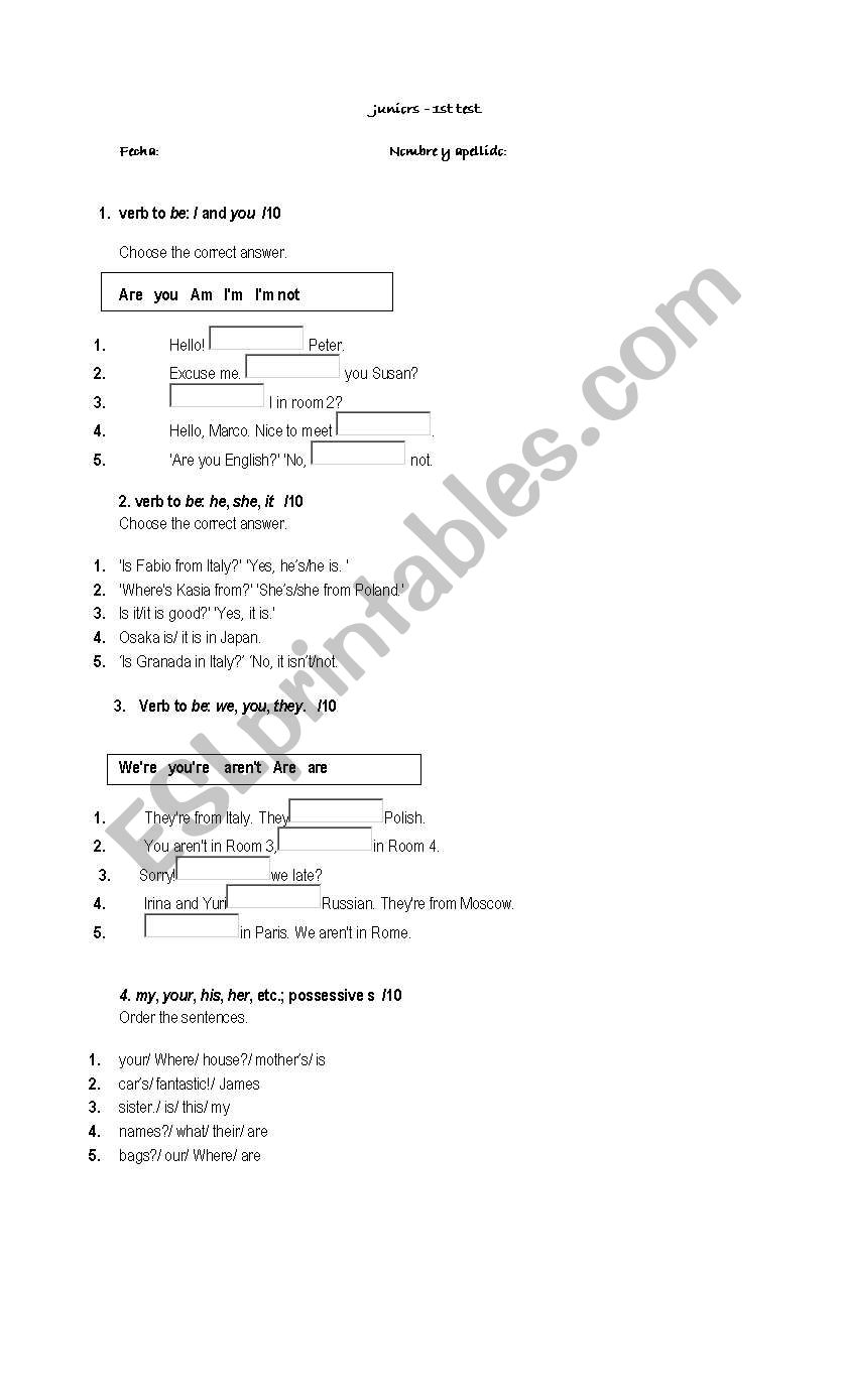 verb to be worksheet