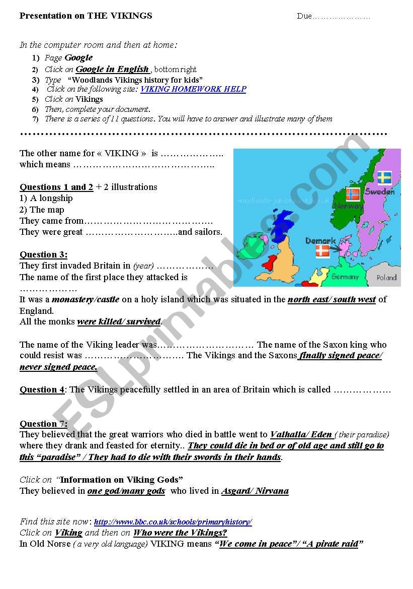 web quest on the vikings worksheet