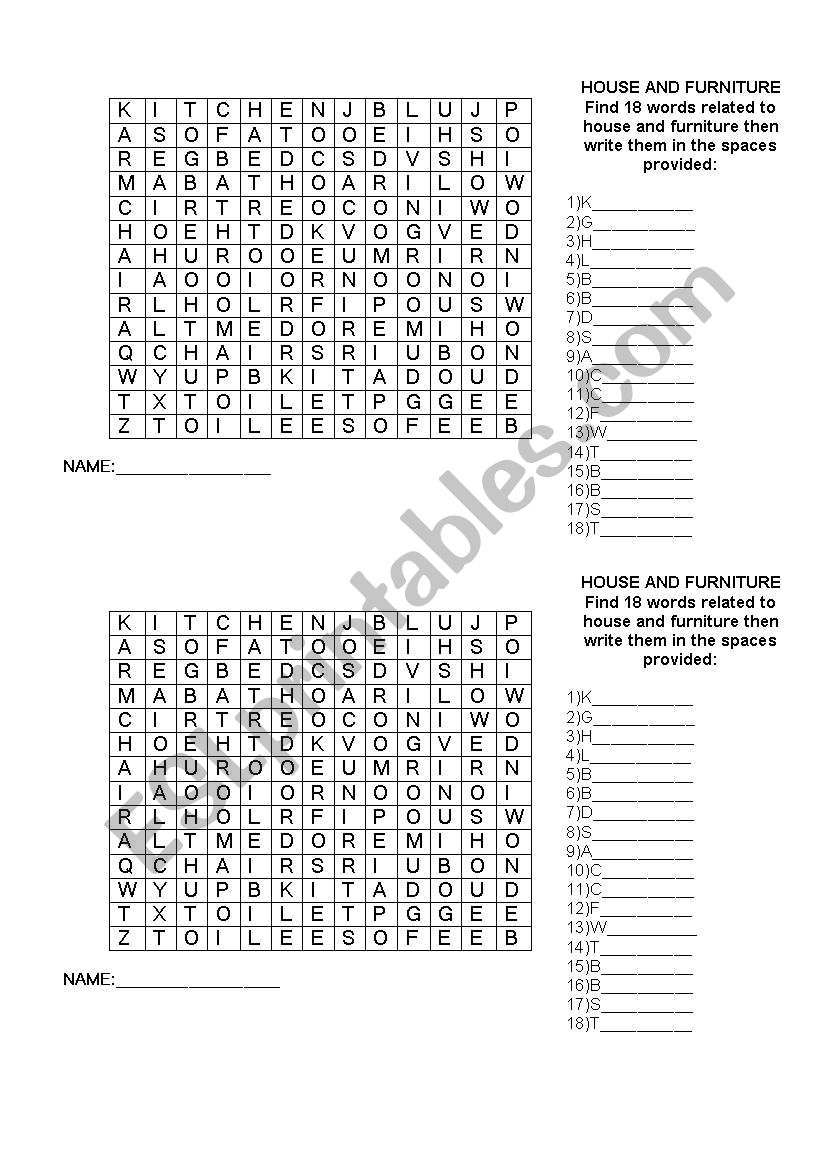 House and Furniture Crossword worksheet
