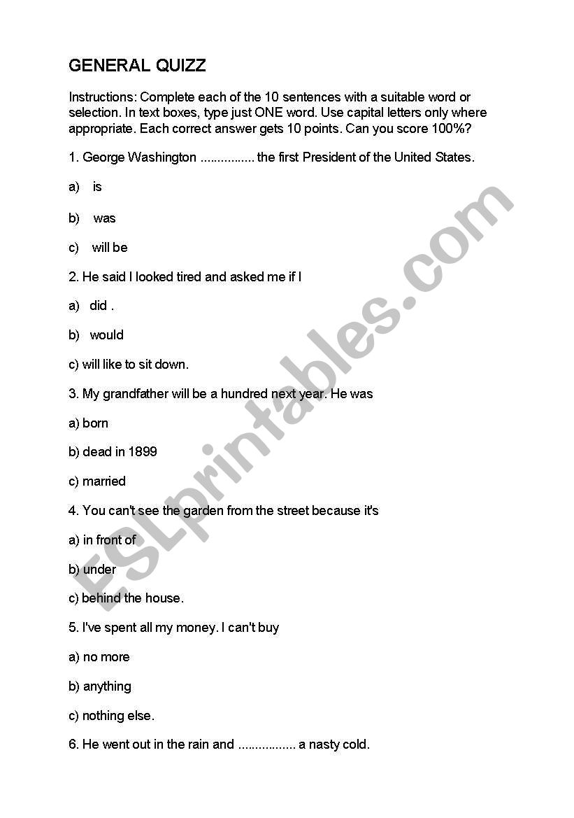 general quizz for all worksheet