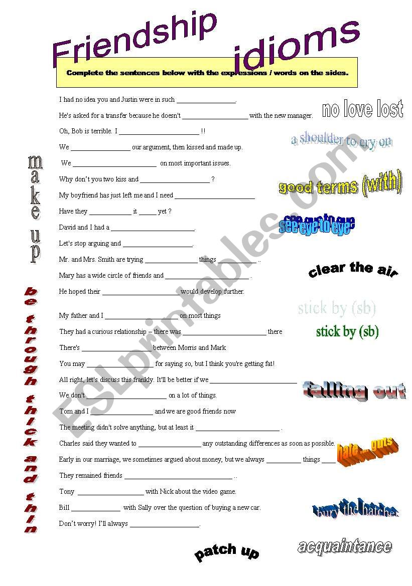 friendship idioms worksheet