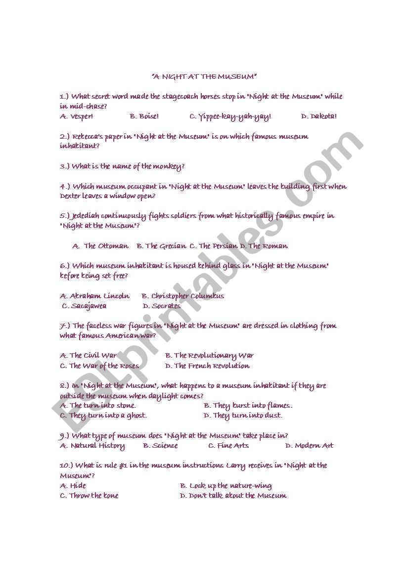 A Night at the Museum worksheet