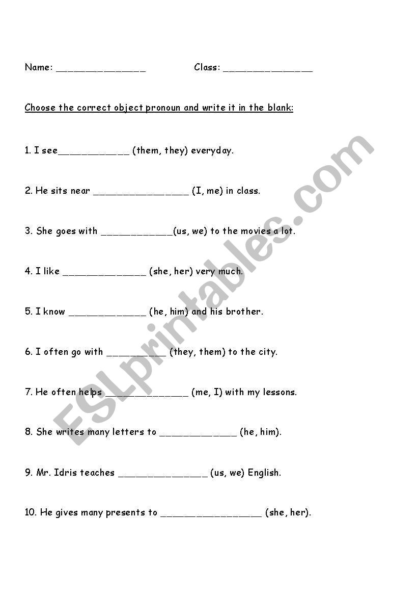 object pronoun worksheet