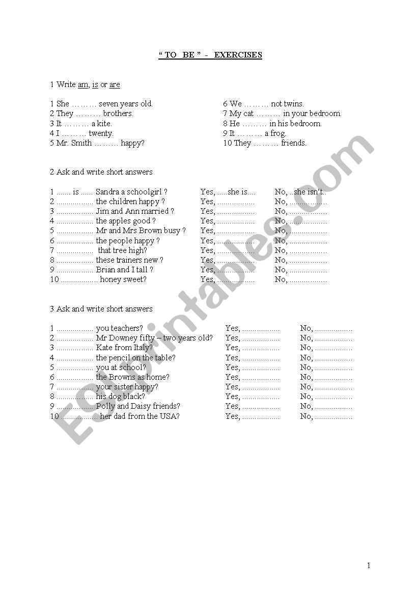 to be - exercises worksheet