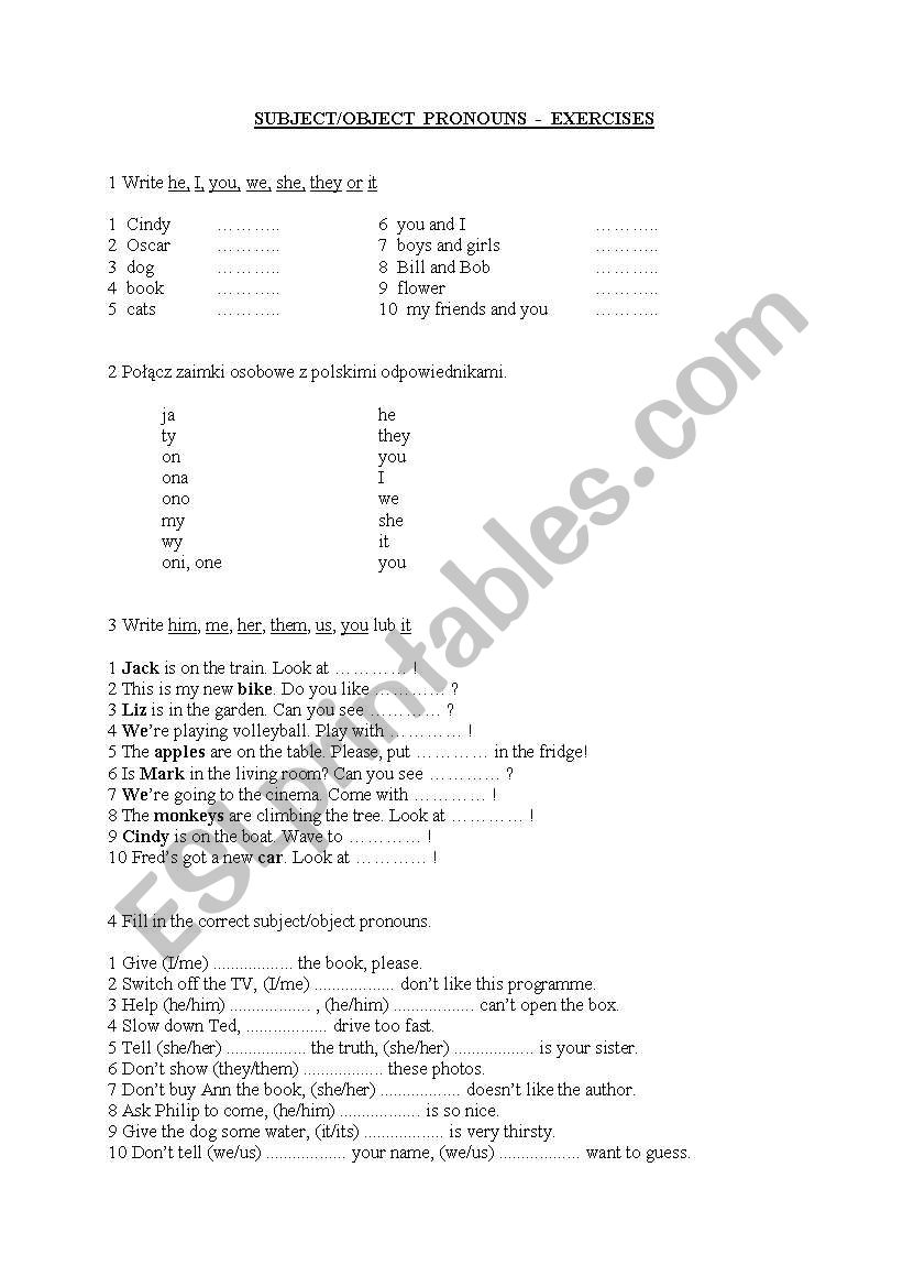 subject/object pronouns worksheet