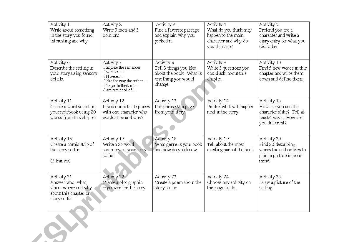 Respond to Literature worksheet