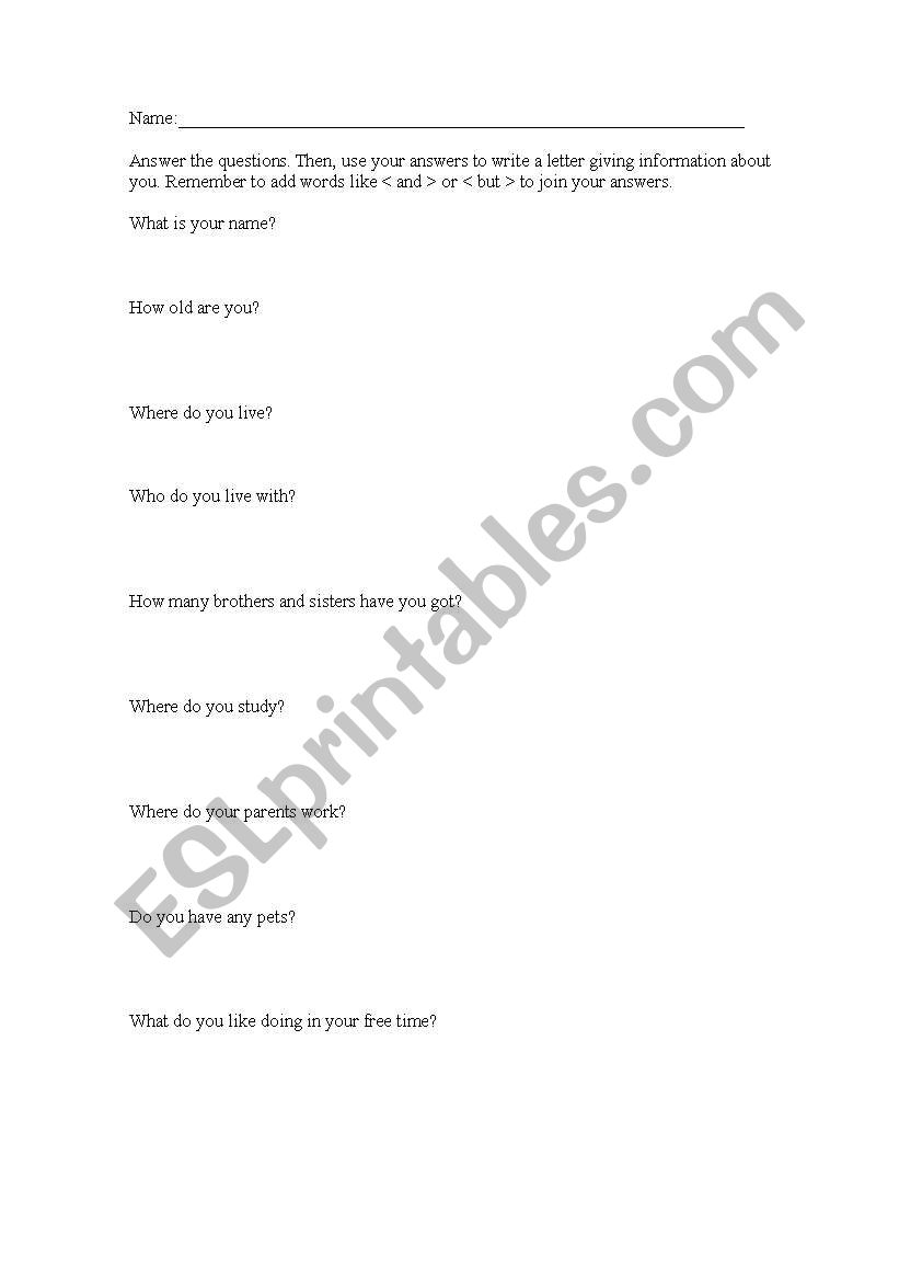 Personal Information worksheet