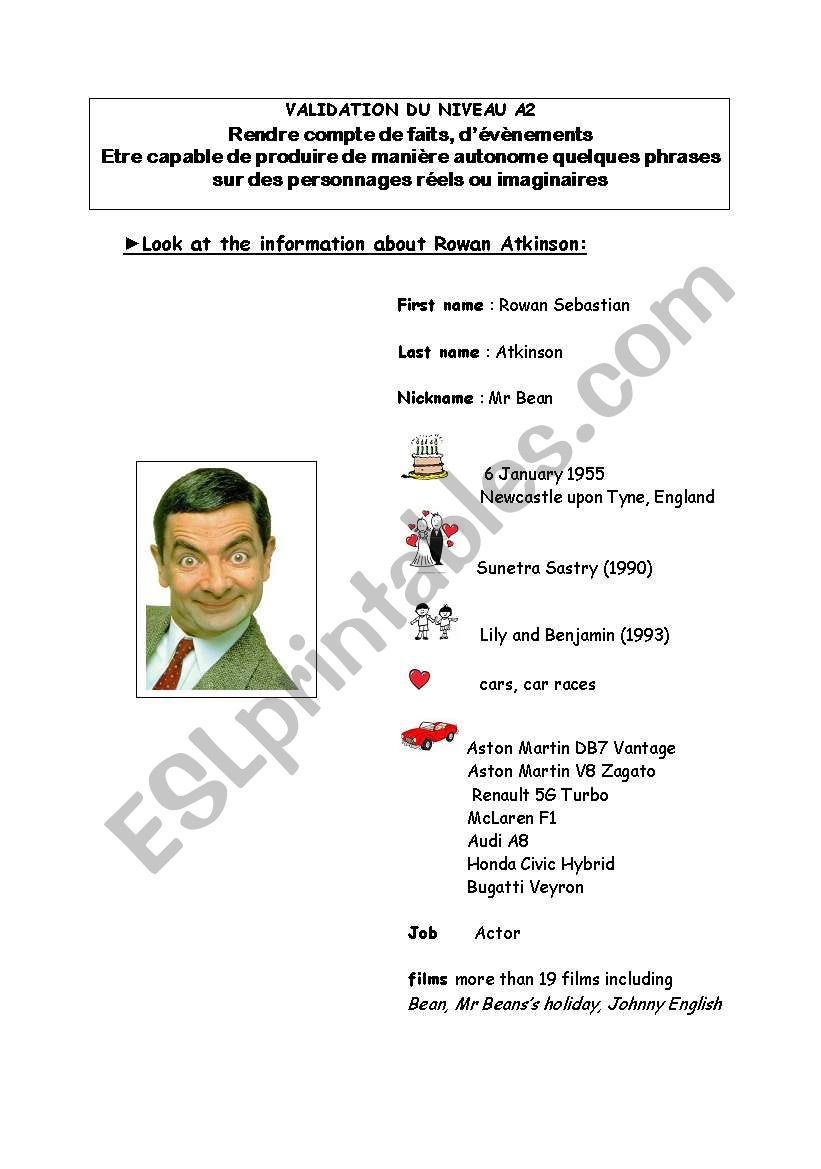 worksheet about Mr Bean useful for the A2 level in English