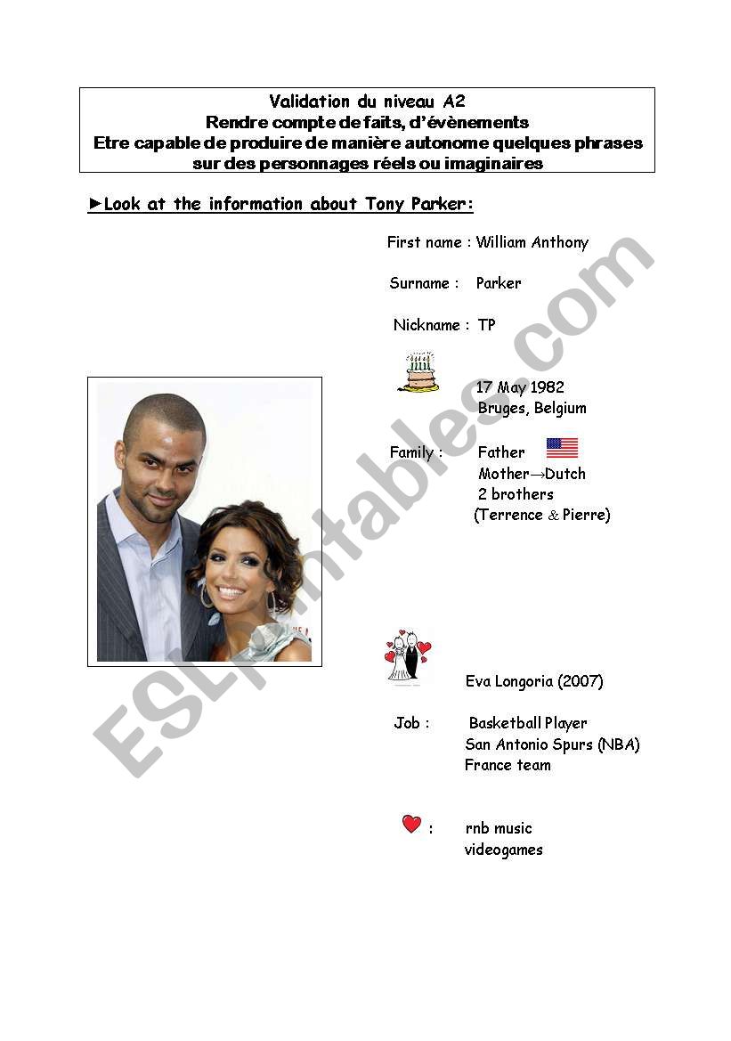 worksheet about Tony Parker useful for the A2 level in English