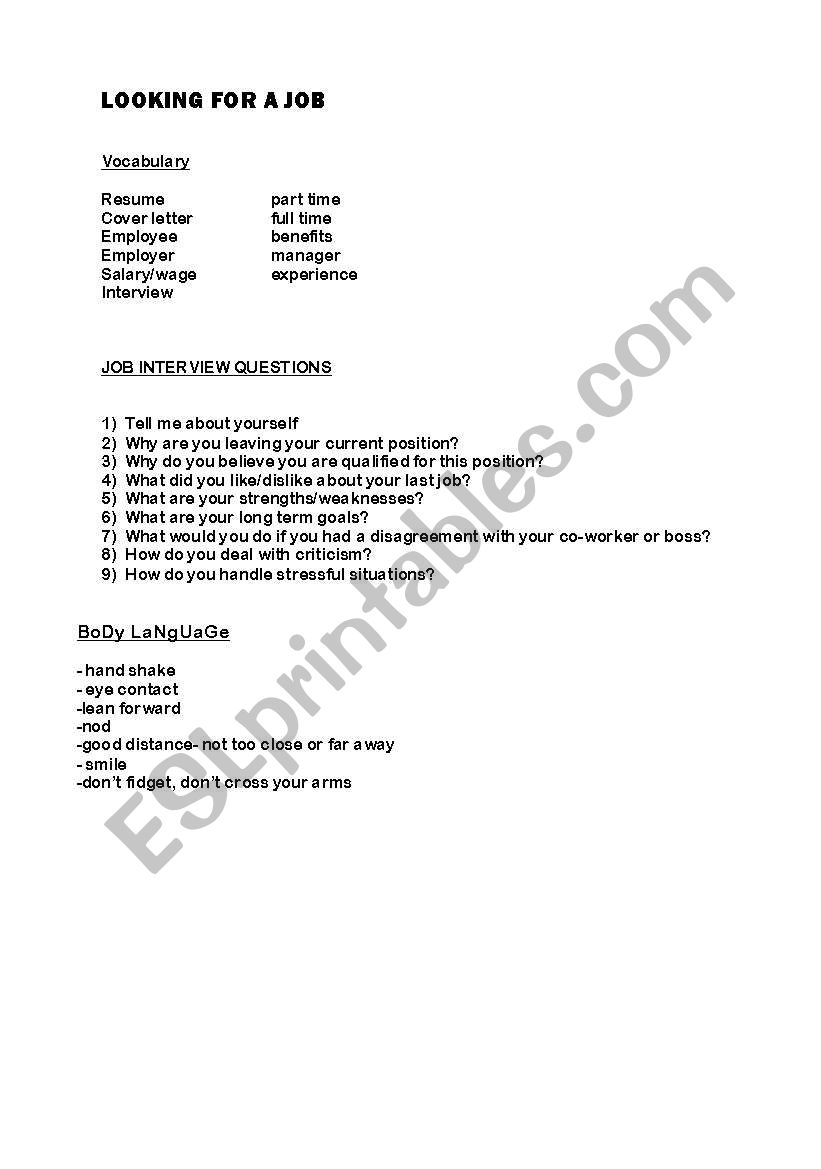 Job Interview questions worksheet